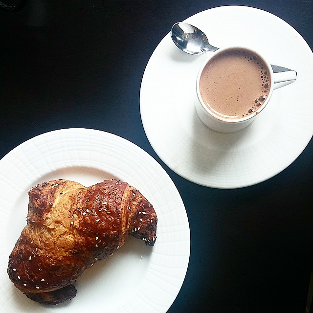 Pretzel croissant by Beurrage and drinking chocolate at Cocoa + Co.