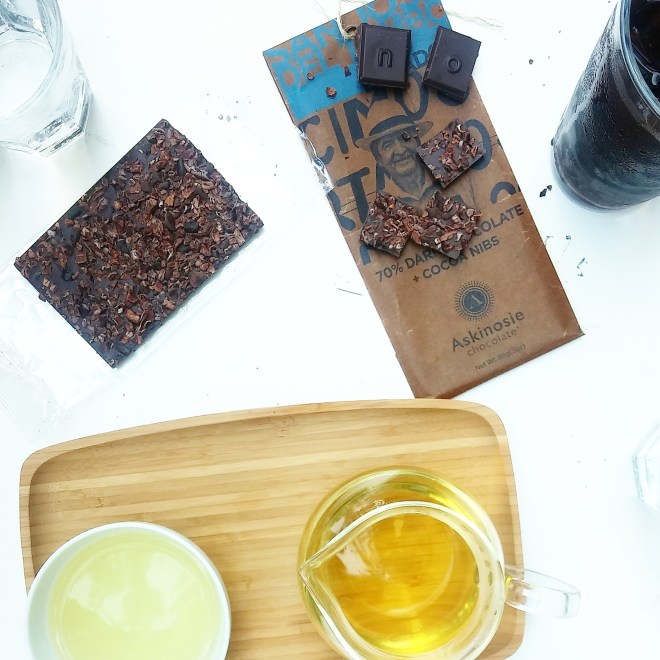 Askinosie chocolate bar, made from Ecuador cacao and topped with cocoa nibs