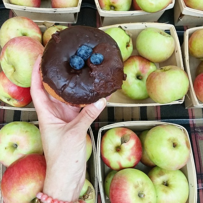 Fruit meets fruit with a Dorite doughnut at the Chicago Federal Plaza farmers market