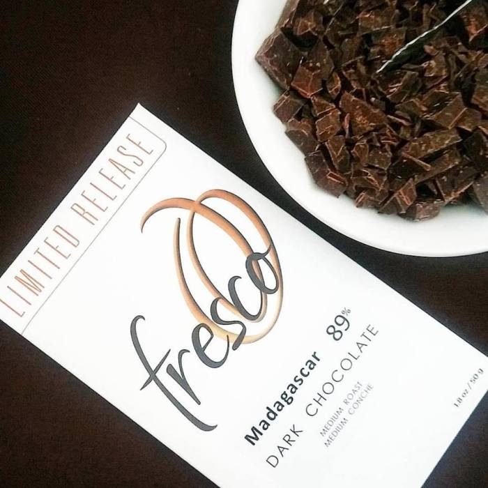 Woman-owned Fresco Chocolate: love the bright zingy flavor and smooth texture of the Madagascar 89%.